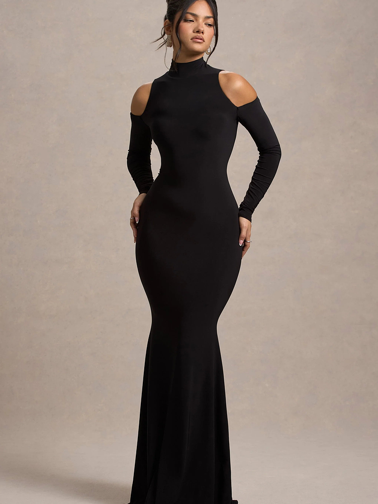 Catarina | Black Turtle-Neck Long-Sleeve Maxi Dress With Cold Shoulders 4