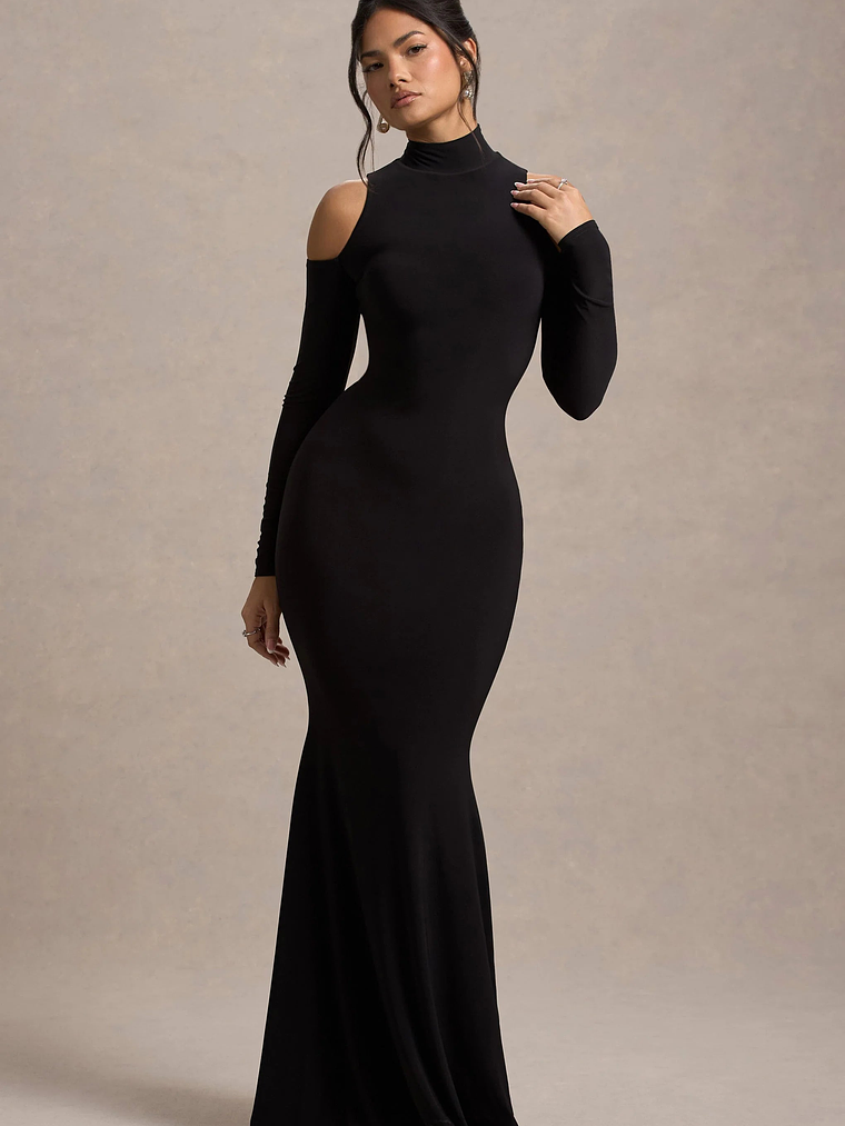 Catarina | Black Turtle-Neck Long-Sleeve Maxi Dress With Cold Shoulders 5