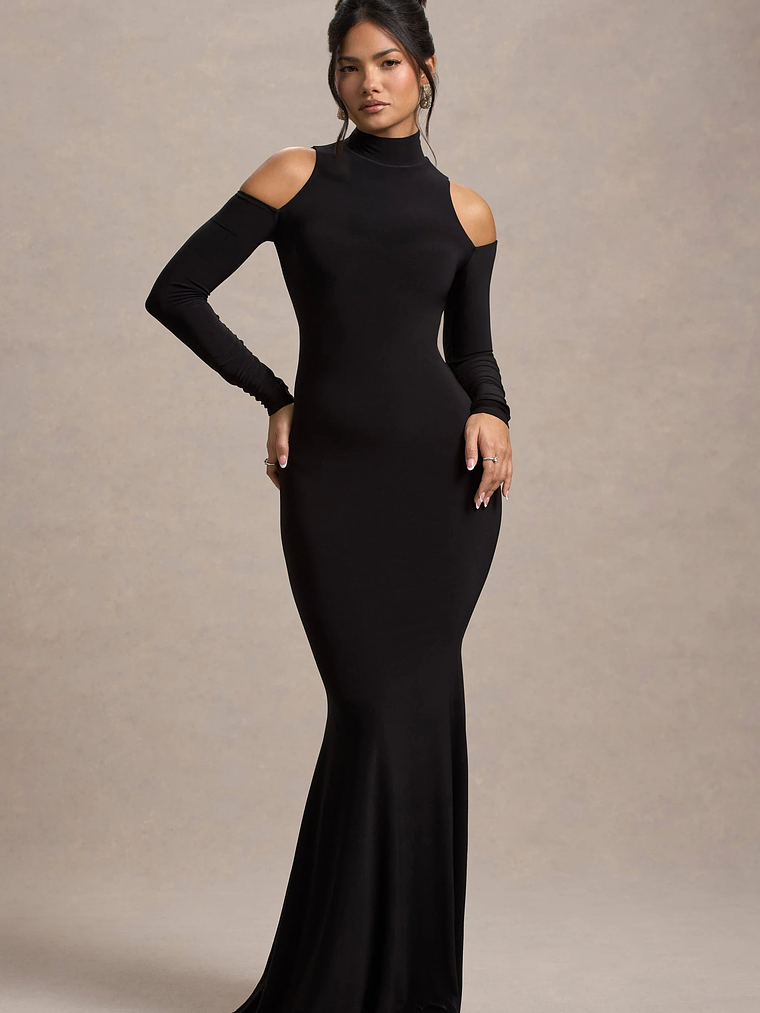 Catarina | Black Turtle-Neck Long-Sleeve Maxi Dress With Cold Shoulders 6