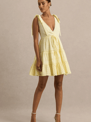 Corrina | Lemon Broderie Plunge-Neck Mini Dress