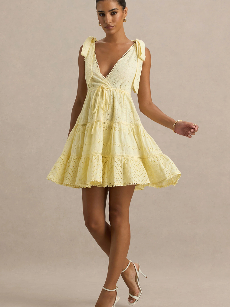 Corrina | Lemon Broderie Plunge-Neck Mini Dress 4