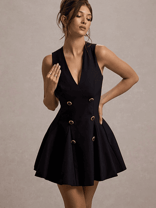 Collette | Black Tailored Plunge-Neck Mini Dress