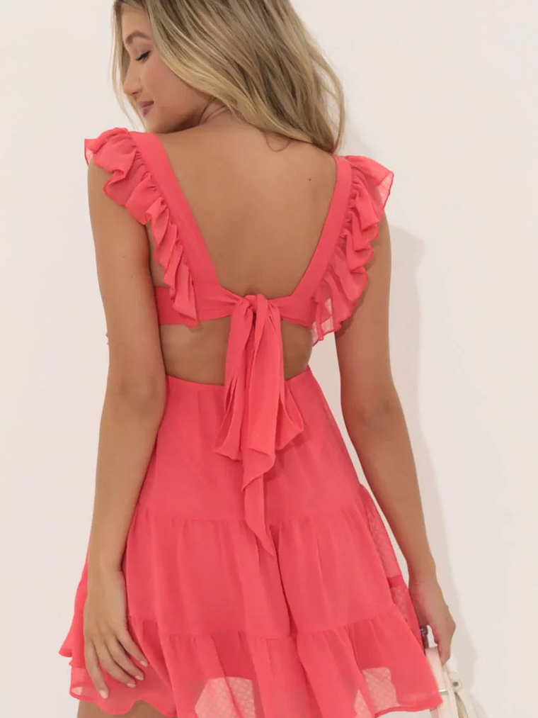 Chiffon Baby Doll Ruffle Dress in Red Coral 3