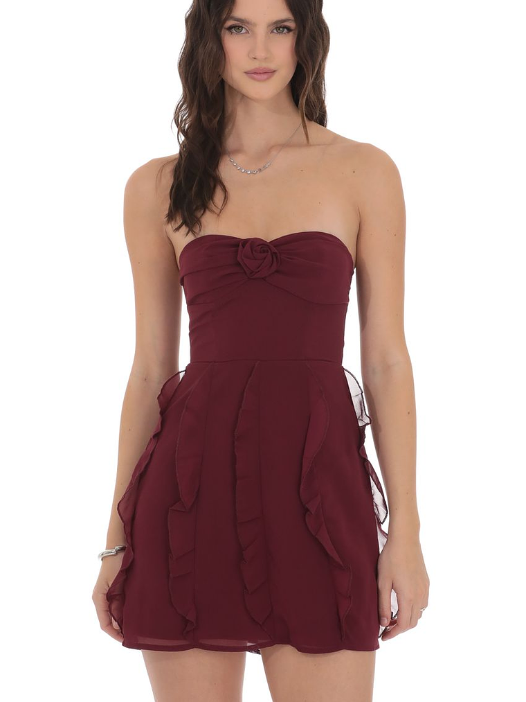 Chiffon Rosette Ruffle Dress in Burgundy 1