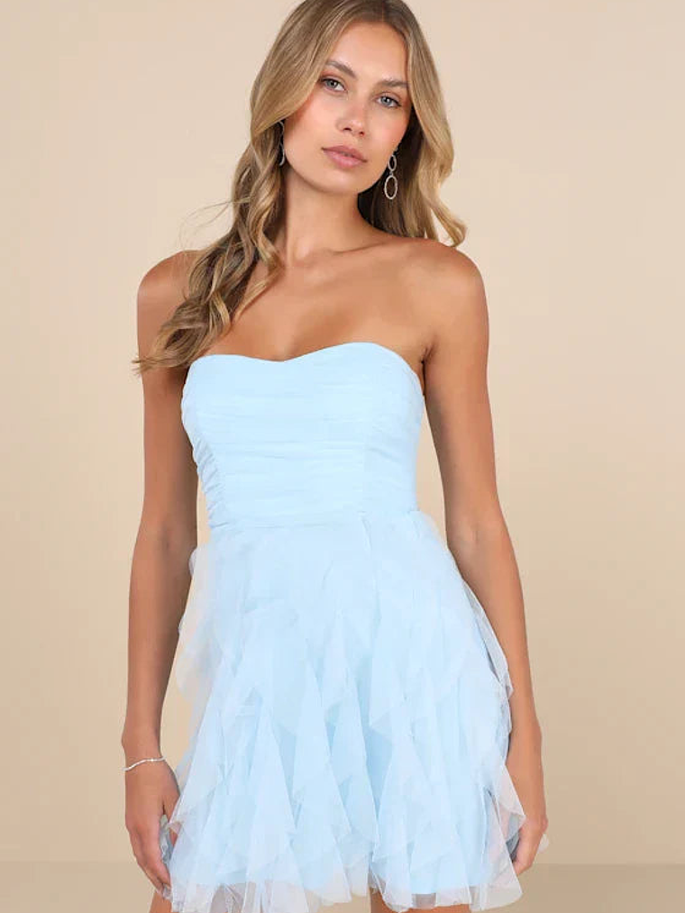 Delightful Beauty Light Blue Mesh Strapless Ruffled Mini Dress 1