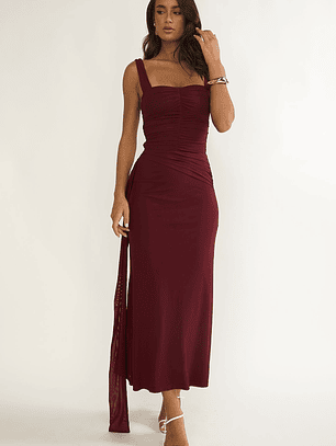 Emara Ruched Waist Sash Maxi Dress Burgundy