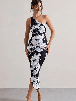 Dorit | Monochrome Floral Print One Shoulder Asymmetric Ruched Midi Dress
