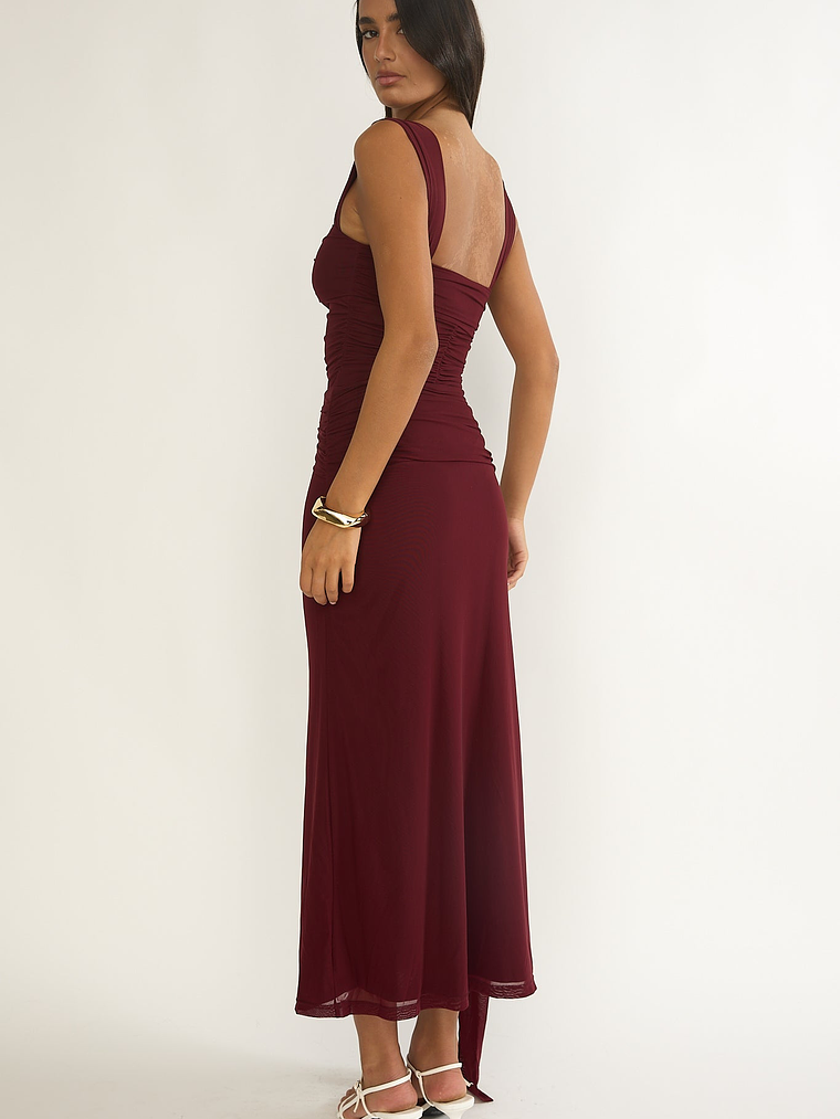 Emara Ruched Waist Sash Maxi Dress Burgundy 2