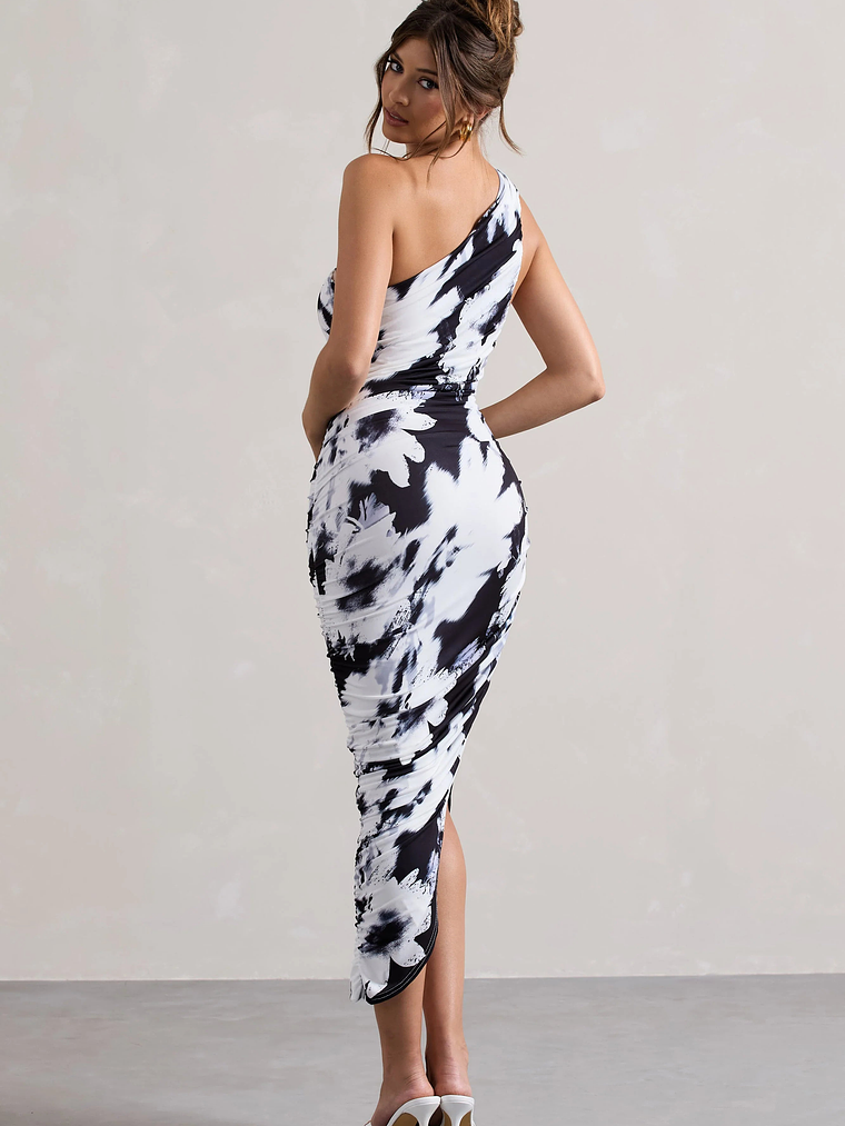 Dorit | Monochrome Floral Print One Shoulder Asymmetric Ruched Midi Dress 2