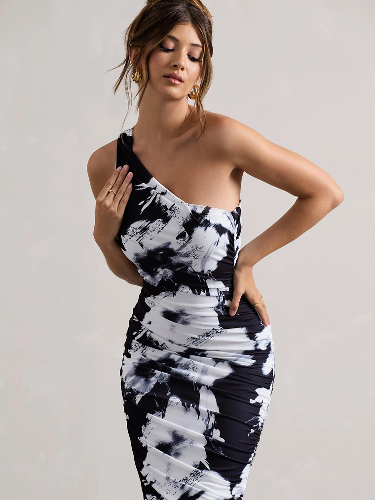 Dorit | Monochrome Floral Print One Shoulder Asymmetric Ruched Midi Dress 3