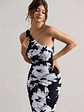 Dorit | Monochrome Floral Print One Shoulder Asymmetric Ruched Midi Dress - thumbnail 3