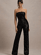 Elation | Black Sequin Strapless Flared-Leg Jumpsuit - thumbnail 1
