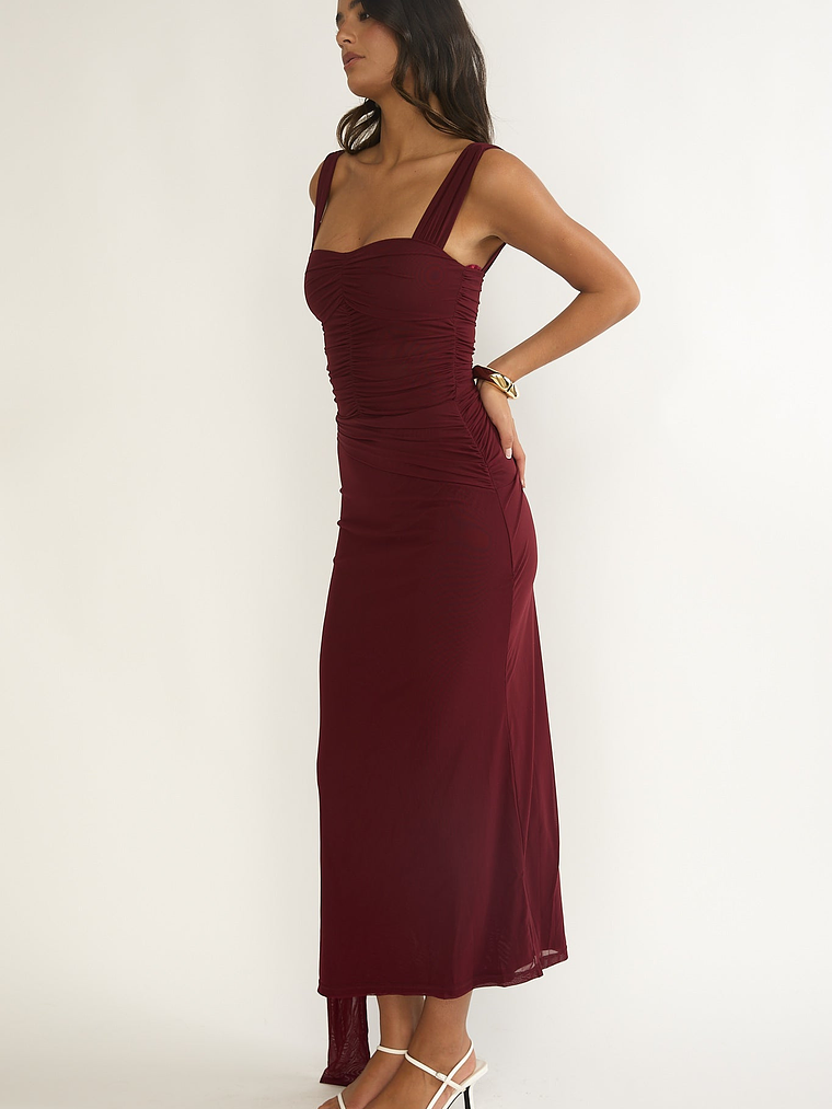 Emara Ruched Waist Sash Maxi Dress Burgundy 6