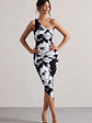 Dorit | Monochrome Floral Print One Shoulder Asymmetric Ruched Midi Dress - thumbnail 4