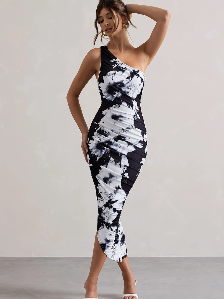 Dorit | Monochrome Floral Print One Shoulder Asymmetric Ruched Midi Dress 5