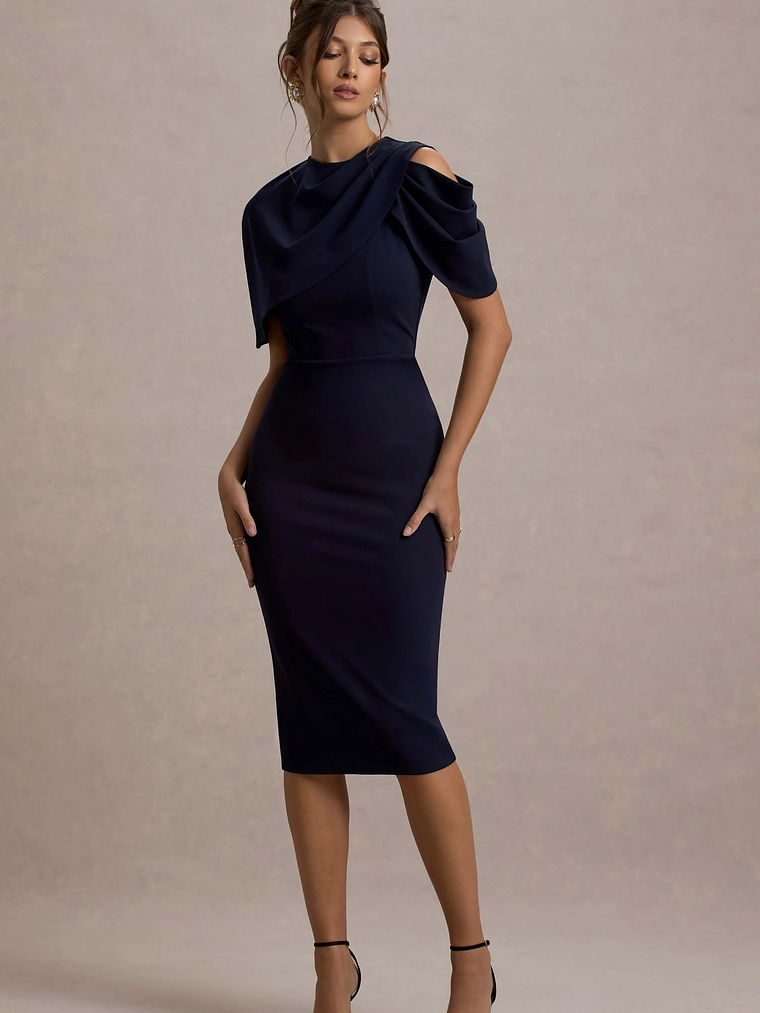 Dorothea | Navy Draped Midi Dress With Cape 5