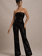 Elation | Black Sequin Strapless Flared-Leg Jumpsuit - thumbnail 6