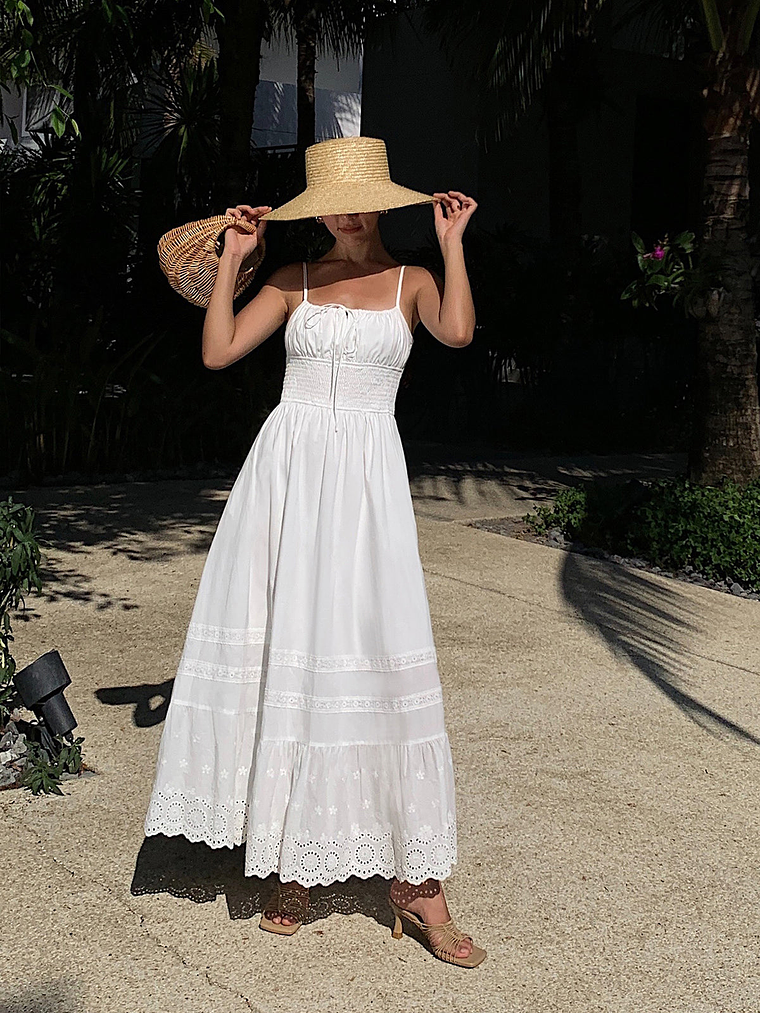 Embroidery Shift Shirred Long Dress 2