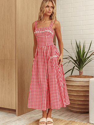 Elderflower Front Pocket Maxi Dress Gingham Red