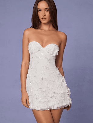 Embellished Bandeau A-line Mini Dress in White