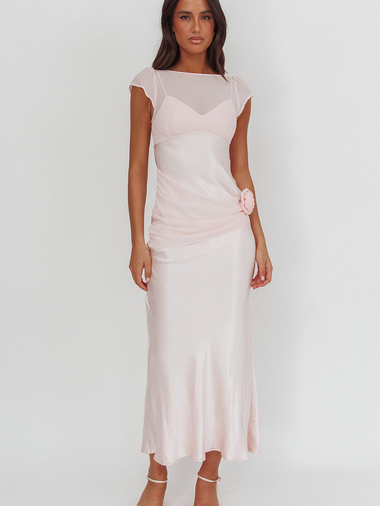 Enchanted Dusk Cap Sleeve Rosette Maxi Dress Pink 5