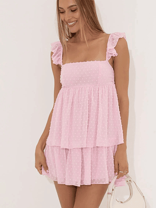 Dotted Chiffon Ruffle Dress in Pink