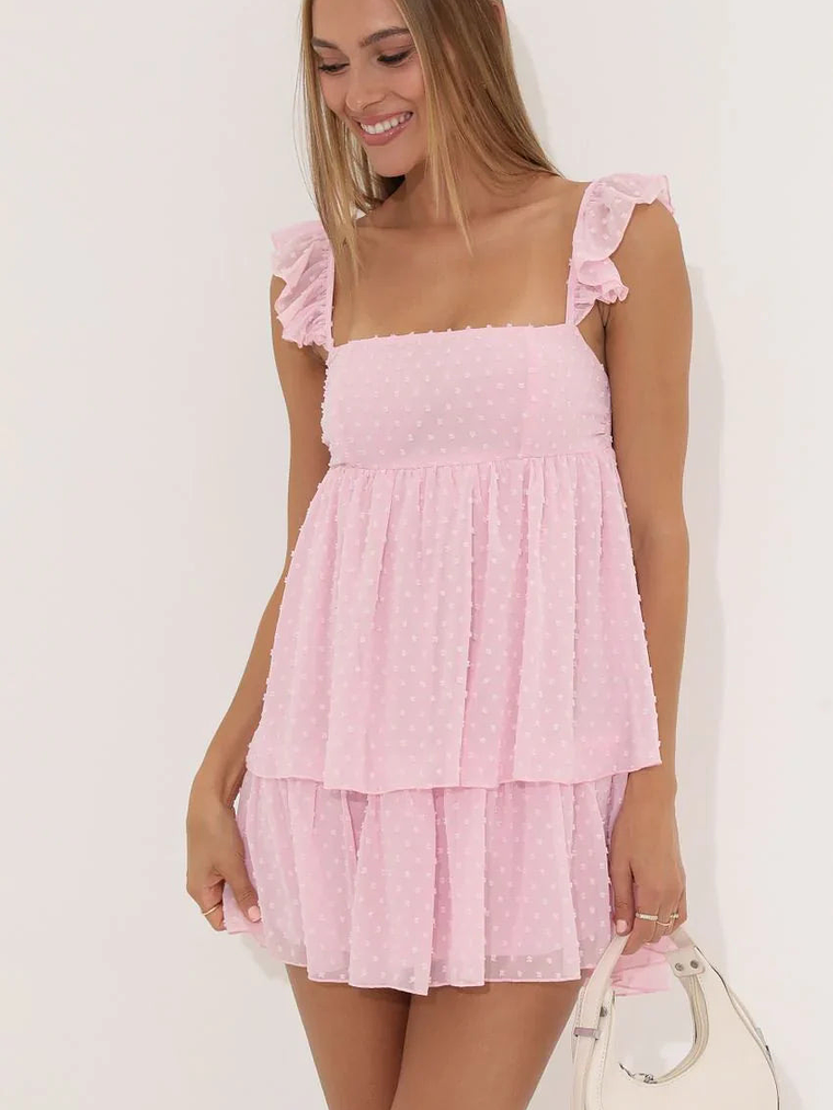 Dotted Chiffon Ruffle Dress in Pink 1