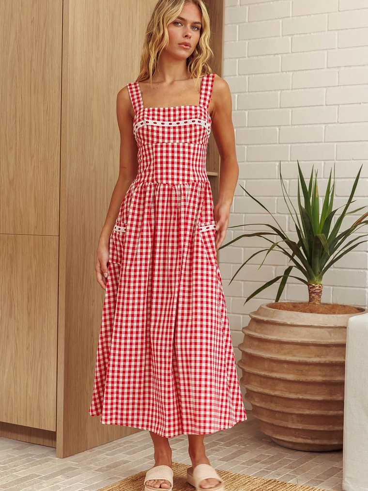 Elderflower Front Pocket Maxi Dress Gingham Red 4