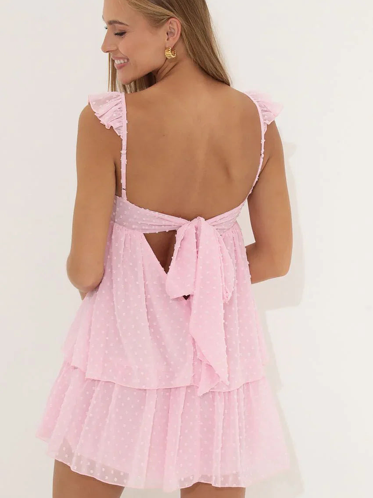 Dotted Chiffon Ruffle Dress in Pink 2