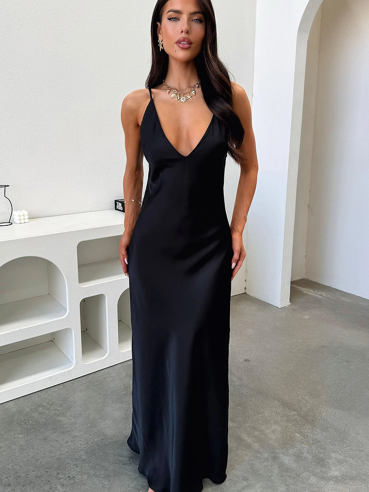 Delilah V-Neck Satin Maxi Dress - Black 3