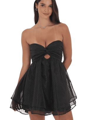 Dotted Cutout Babydoll Dress in Black