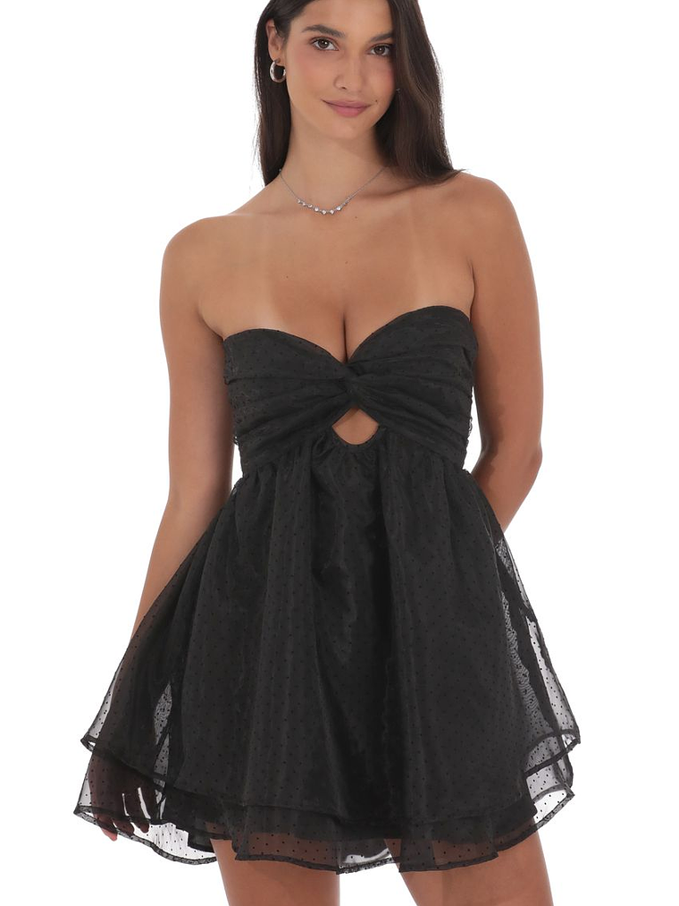 Dotted Cutout Babydoll Dress in Black 1