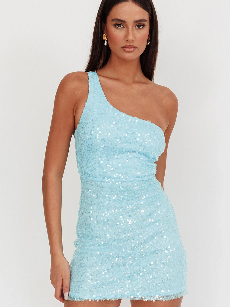 Disco Baby One-Shoulder Sequin Mini Dress Light Blue 6