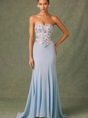 Embellished Corset Fishtail Gown in Floral Blue
