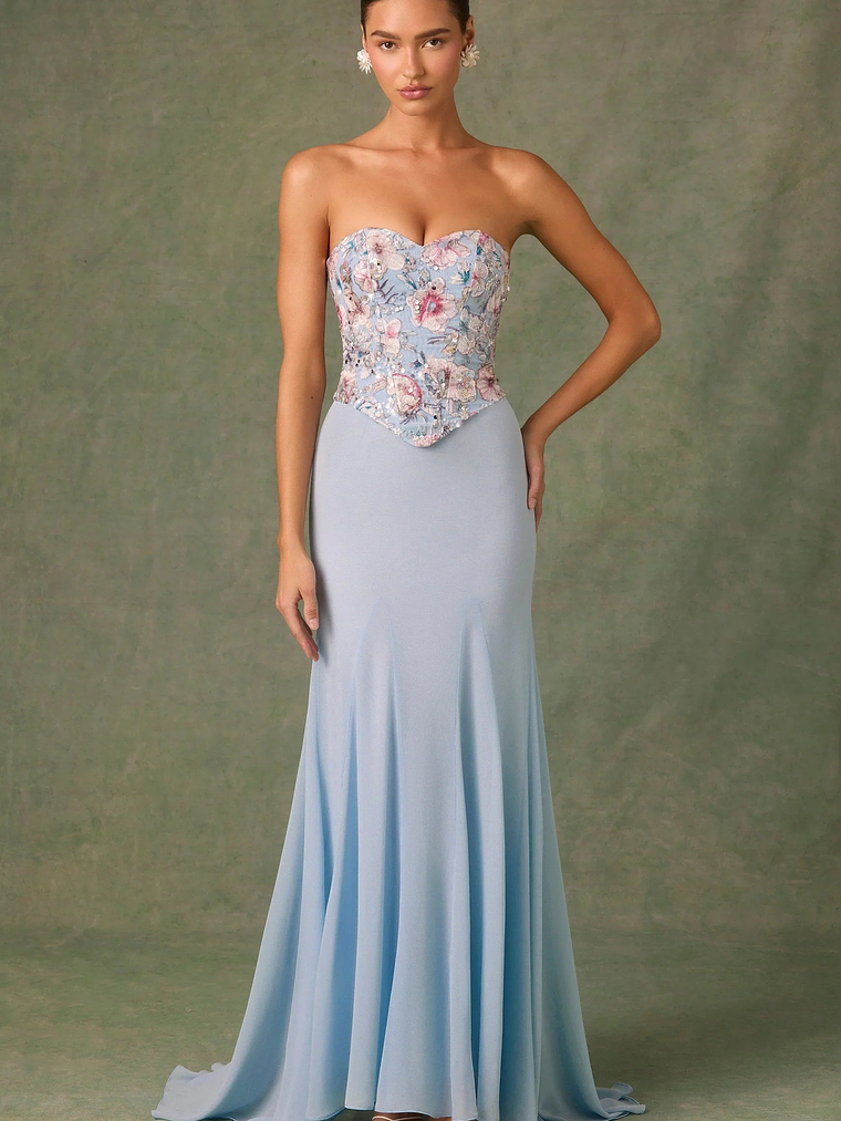 Embellished Corset Fishtail Gown in Floral Blue 1
