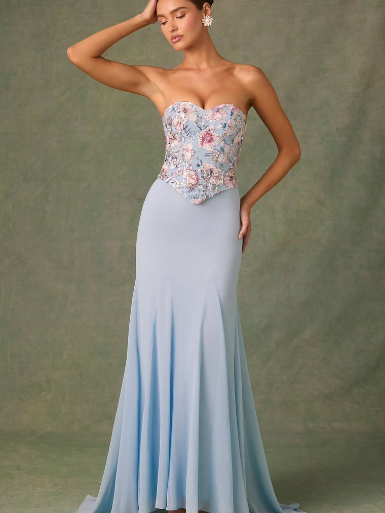 Embellished Corset Fishtail Gown in Floral Blue 5