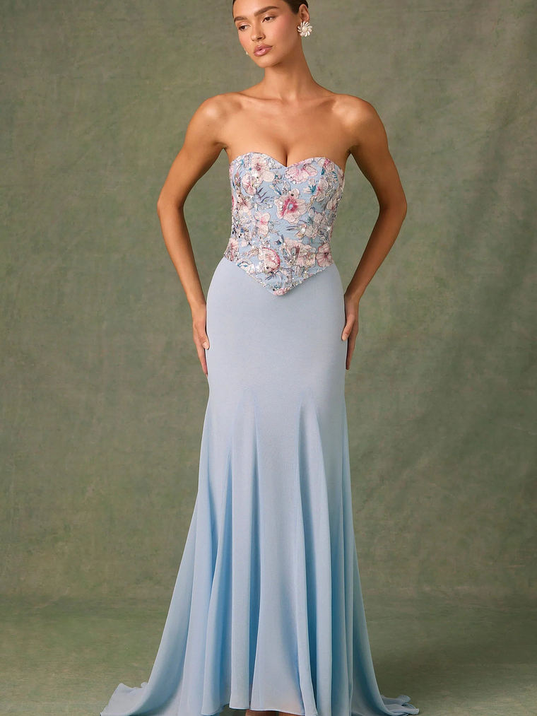 Embellished Corset Fishtail Gown in Floral Blue 6