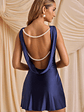 Draped Open-Back A-Line Mini Dress in True Navy - thumbnail 3