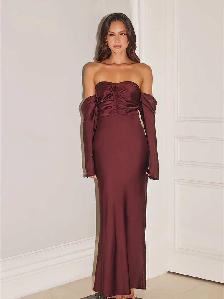 Elegant Chic Off Shoulder Long Sleeve Satin Maxi Dress 2