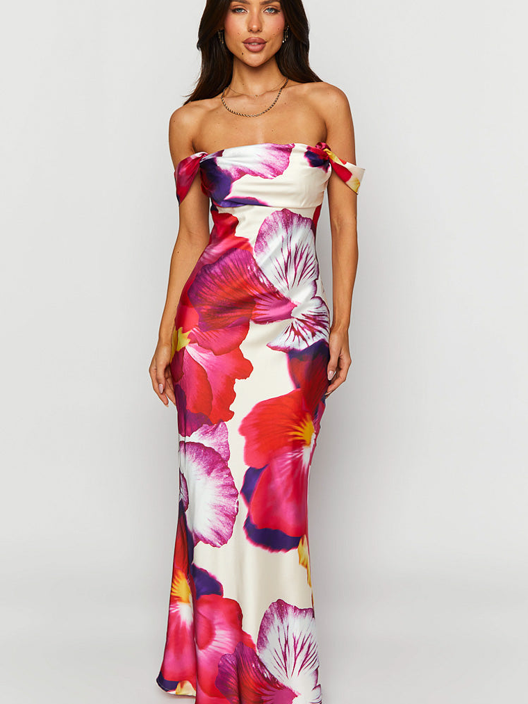 Ella Pink Floral Print Off Shoulder Formal Dress 2