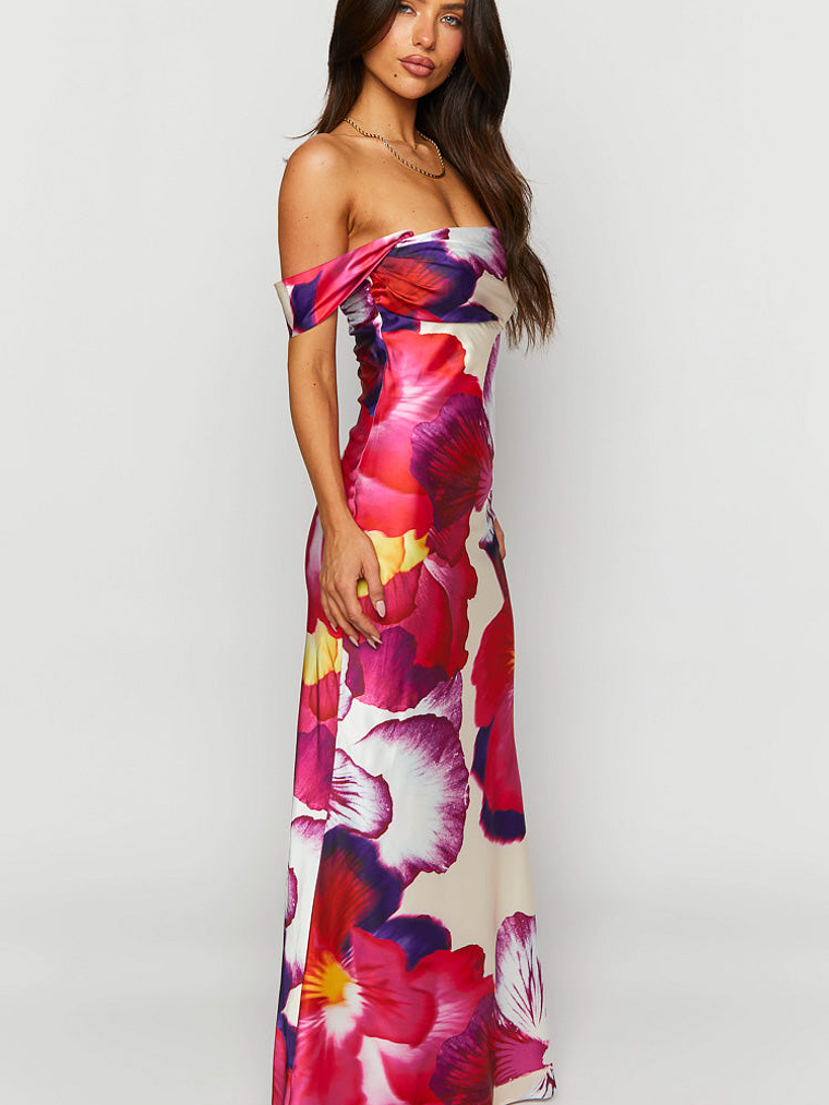 Ella Pink Floral Print Off Shoulder Formal Dress 4