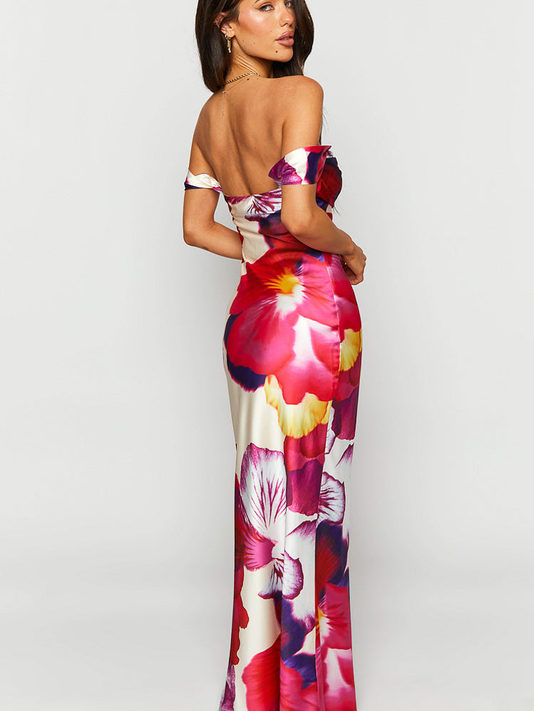 Ella Pink Floral Print Off Shoulder Formal Dress 5