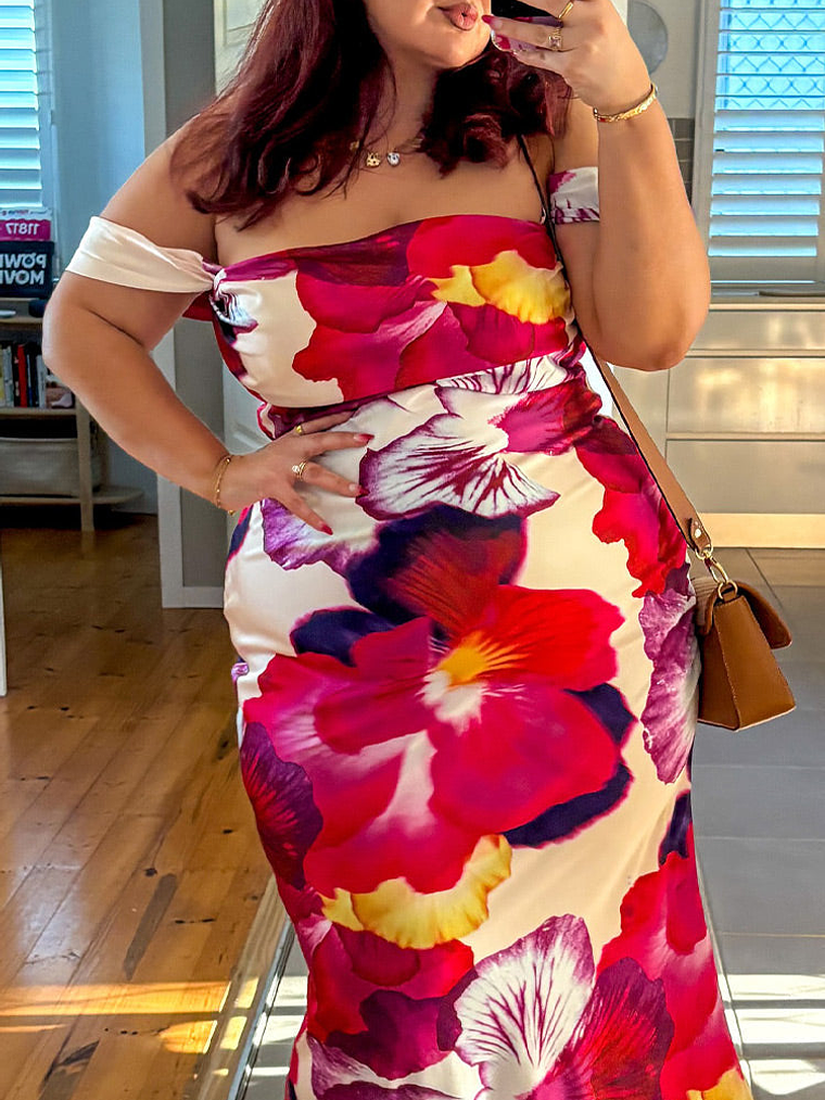 Ella Pink Floral Print Off Shoulder Formal Dress 8