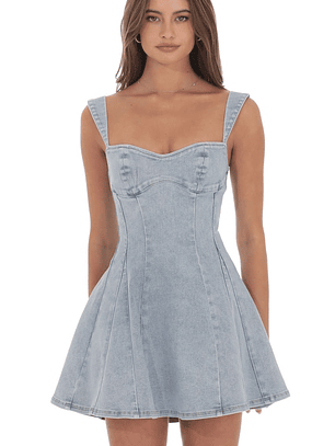 Denim Fit and Flare Dress in Washed Blue