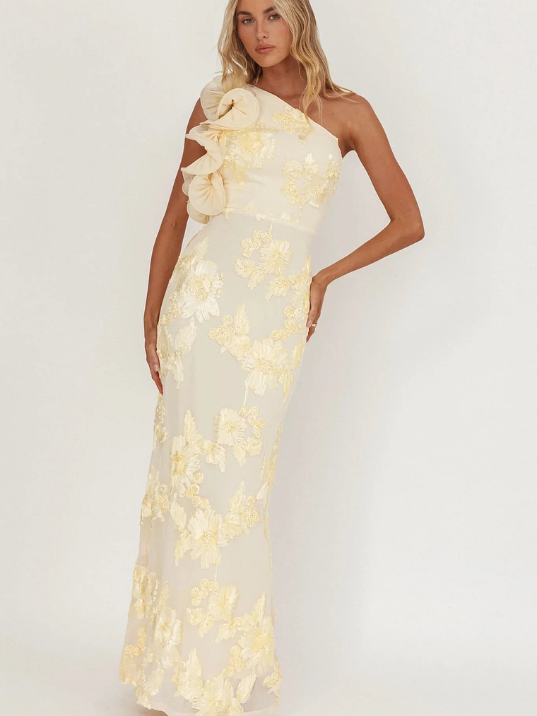 Deanna One-Shoulder Ruffle Maxi Dress Floral Texture Yellow 1