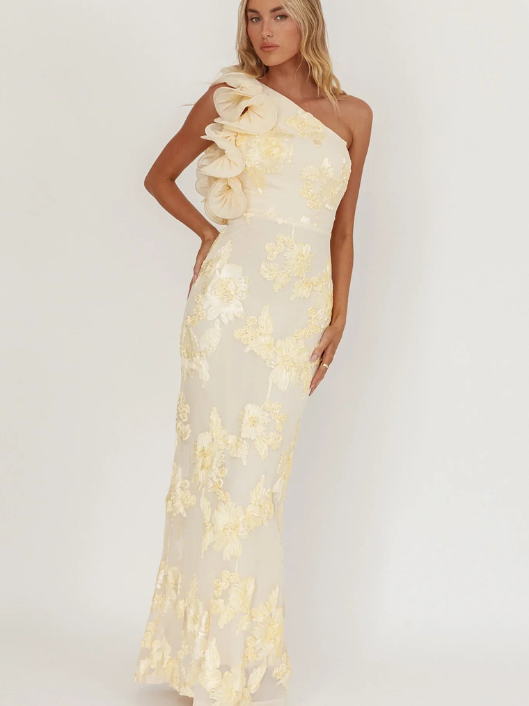 Deanna One-Shoulder Ruffle Maxi Dress Floral Texture Yellow 5