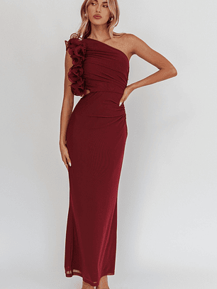 Deanna One-Shoulder Ruffle Maxi Dress Wine