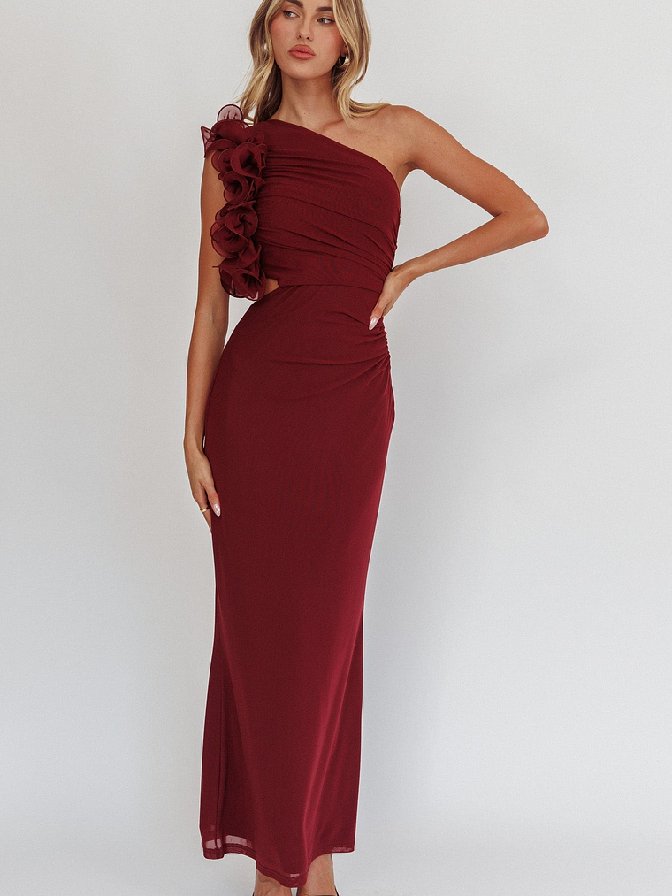 Deanna One-Shoulder Ruffle Maxi Dress Wine 1