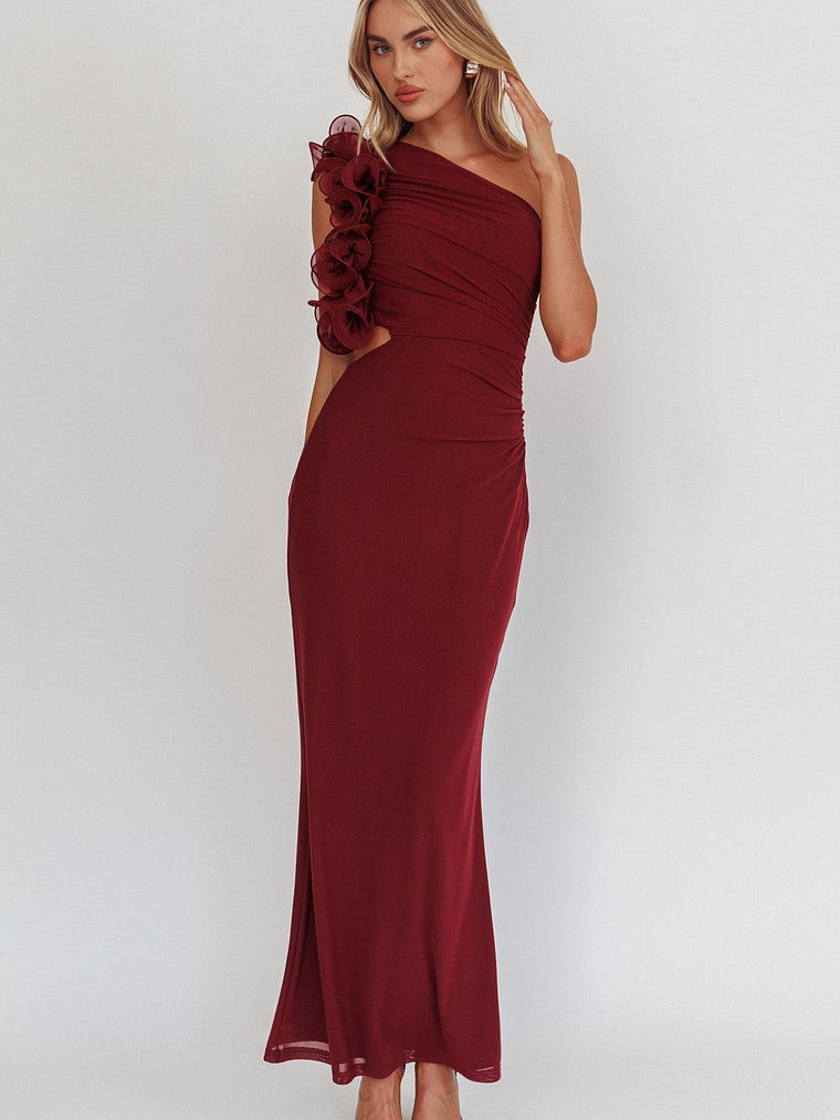 Deanna One-Shoulder Ruffle Maxi Dress Wine 2
