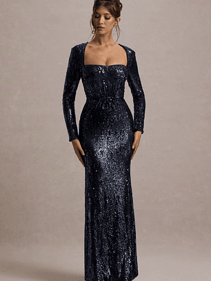 Ensley | Navy Sequin Sweetheart Long-Sleeve Maxi Dress
